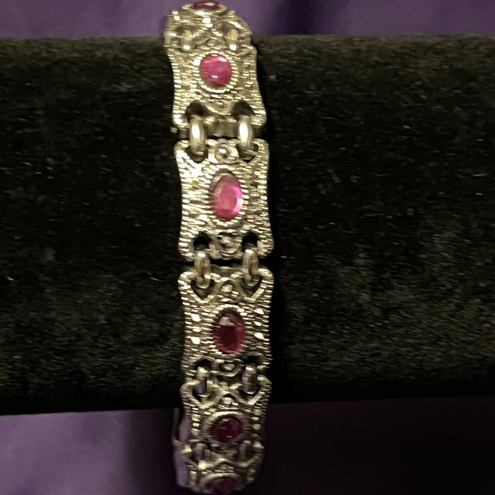 Ornate Silver‑Tone Bracelet with Purple Stones – 7.5”